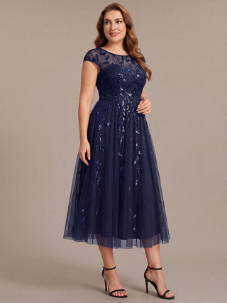 Cap Sleeve See-through Patchwork A-Line Tea Length Wedding Guest Dresses