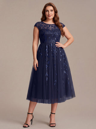 Cap Sleeve See-through Patchwork A-Line Tea Length Wedding Guest Dresses