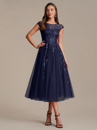 Cap Sleeve See-through Patchwork A-Line Tea Length Wedding Guest Dresses