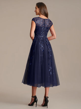 Cap Sleeve See-through Patchwork A-Line Tea Length Wedding Guest Dresses
