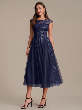 Cap Sleeve See-through Patchwork A-Line Tea Length Wedding Guest Dresses