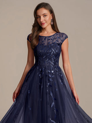 Cap Sleeve See-through Patchwork A-Line Tea Length Wedding Guest Dresses