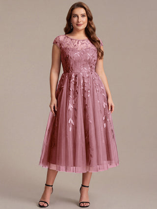 Cap Sleeve See-through Patchwork A-Line Tea Length Wedding Guest Dresses