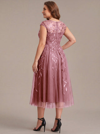 Cap Sleeve See-through Patchwork A-Line Tea Length Wedding Guest Dresses