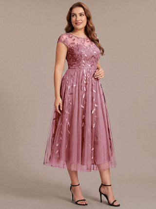 Cap Sleeve See-through Patchwork A-Line Tea Length Wedding Guest Dresses