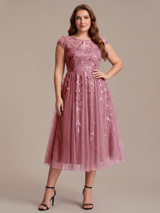Cap Sleeve See-through Patchwork A-Line Tea Length Wedding Guest Dresses