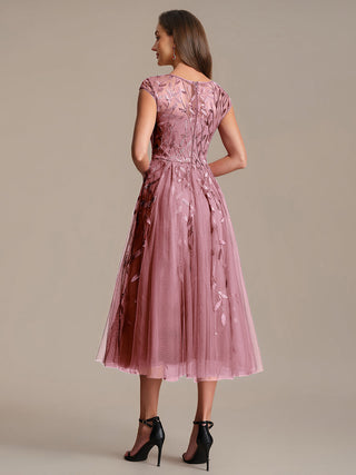 Cap Sleeve See-through Patchwork A-Line Tea Length Wedding Guest Dresses