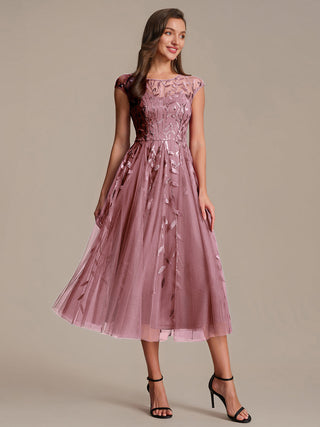 Cap Sleeve See-through Patchwork A-Line Tea Length Wedding Guest Dresses
