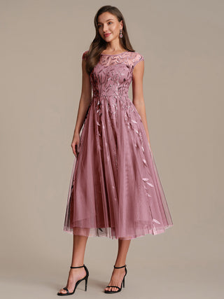 Cap Sleeve See-through Patchwork A-Line Tea Length Wedding Guest Dresses