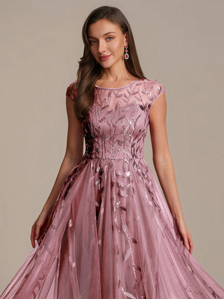 Cap Sleeve See-through Patchwork A-Line Tea Length Wedding Guest Dresses