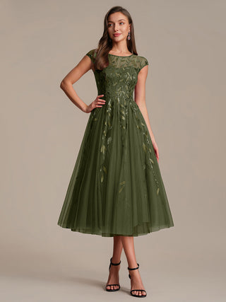 Cap Sleeve See-through Patchwork A-Line Tea Length Wedding Guest Dresses