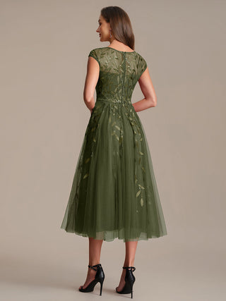 Cap Sleeve See-through Patchwork A-Line Tea Length Wedding Guest Dresses