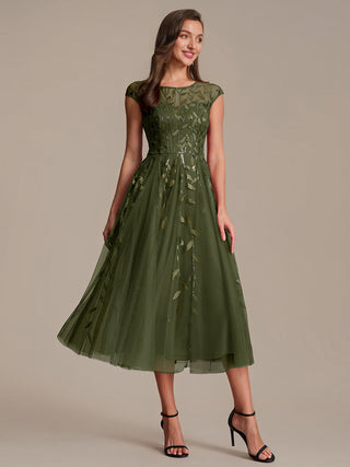 Cap Sleeve See-through Patchwork A-Line Tea Length Wedding Guest Dresses