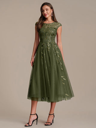 Cap Sleeve See-through Patchwork A-Line Tea Length Wedding Guest Dresses