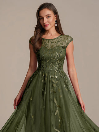 Cap Sleeve See-through Patchwork A-Line Tea Length Wedding Guest Dresses