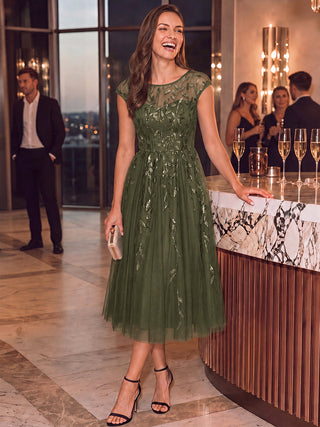 Cap Sleeve See-through Patchwork A-Line Tea Length Wedding Guest Dresses