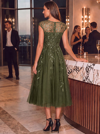 Cap Sleeve See-through Patchwork A-Line Tea Length Wedding Guest Dresses