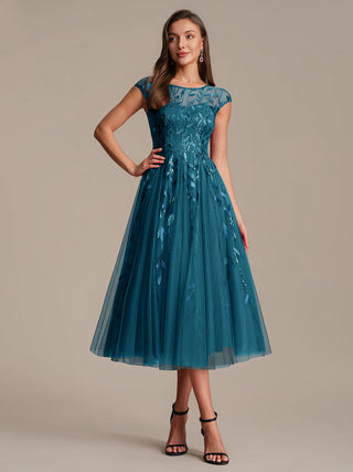 Cap Sleeve See-through Patchwork A-Line Tea Length Wedding Guest Dresses