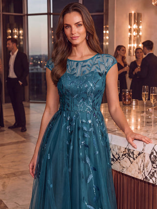 Cap Sleeve See-through Patchwork A-Line Tea Length Wedding Guest Dresses