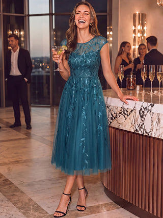 Cap Sleeve See-through Patchwork A-Line Tea Length Wedding Guest Dresses