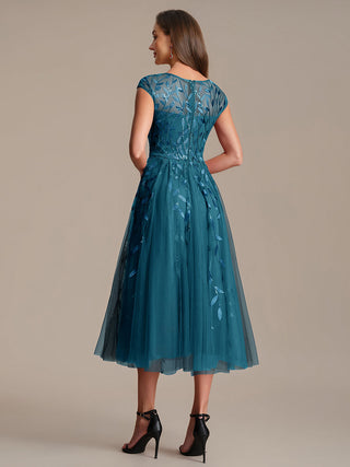 Cap Sleeve See-through Patchwork A-Line Tea Length Wedding Guest Dresses