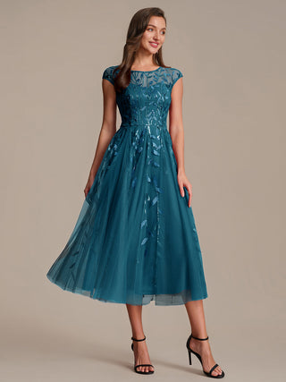 Cap Sleeve See-through Patchwork A-Line Tea Length Wedding Guest Dresses