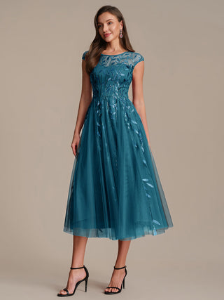 Cap Sleeve See-through Patchwork A-Line Tea Length Wedding Guest Dresses