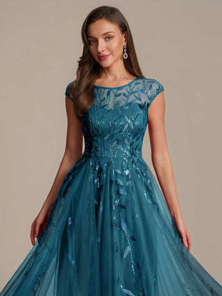 Cap Sleeve See-through Patchwork A-Line Tea Length Wedding Guest Dresses
