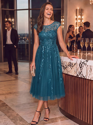 Cap Sleeve See-through Patchwork A-Line Tea Length Wedding Guest Dresses