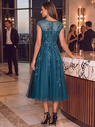 Cap Sleeve See-through Patchwork A-Line Tea Length Wedding Guest Dresses