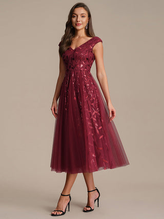 Sleeveless V-Neck Sequin A-Line Midi Wedding Guest Dresses