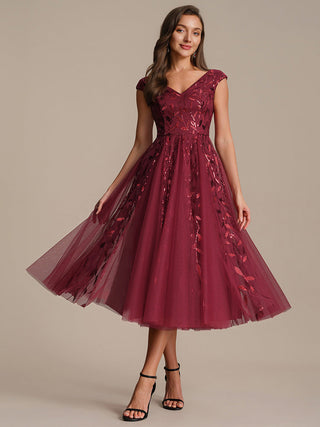Sleeveless V-Neck Sequin A-Line Midi Wedding Guest Dresses