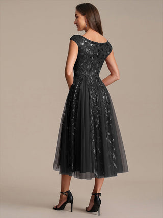 Sleeveless V-Neck Sequin A-Line Midi Wedding Guest Dresses
