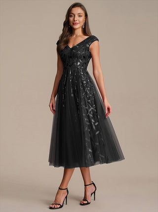 Sleeveless V-Neck Sequin A-Line Midi Wedding Guest Dresses