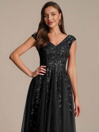 Sleeveless V-Neck Sequin A-Line Midi Wedding Guest Dresses