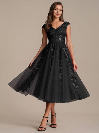 Sleeveless V-Neck Sequin A-Line Midi Wedding Guest Dresses