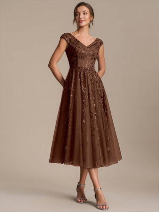 Sleeveless V-Neck Sequin A-Line Midi Wedding Guest Dresses