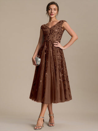 Sleeveless V-Neck Sequin A-Line Midi Wedding Guest Dresses
