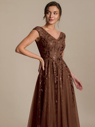 Sleeveless V-Neck Sequin A-Line Midi Wedding Guest Dresses