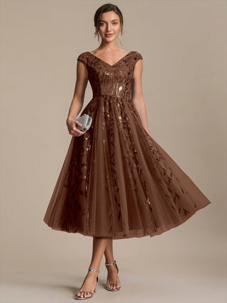 Sleeveless V-Neck Sequin A-Line Midi Wedding Guest Dresses