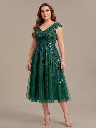 Sleeveless V-Neck Sequin A-Line Midi Wedding Guest Dresses