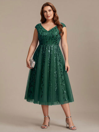 Sleeveless V-Neck Sequin A-Line Midi Wedding Guest Dresses