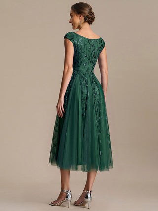 Sleeveless V-Neck Sequin A-Line Midi Wedding Guest Dresses