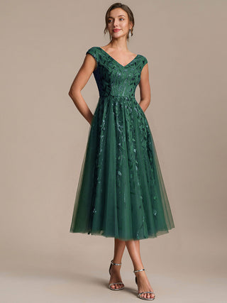 Sleeveless V-Neck Sequin A-Line Midi Wedding Guest Dresses