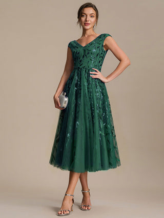 Sleeveless V-Neck Sequin A-Line Midi Wedding Guest Dresses