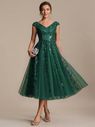 Sleeveless V-Neck Sequin A-Line Midi Wedding Guest Dresses