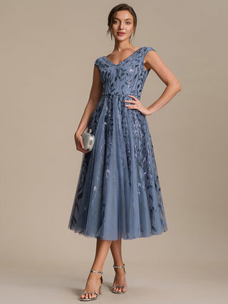 Sleeveless V-Neck Sequin A-Line Midi Wedding Guest Dresses