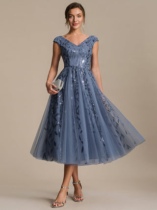 Sleeveless V-Neck Sequin A-Line Midi Wedding Guest Dresses