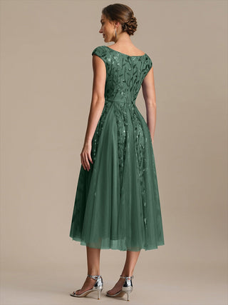 Sleeveless V-Neck Sequin A-Line Midi Wedding Guest Dresses