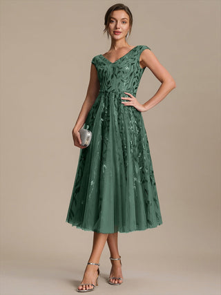 Sleeveless V-Neck Sequin A-Line Midi Wedding Guest Dresses
